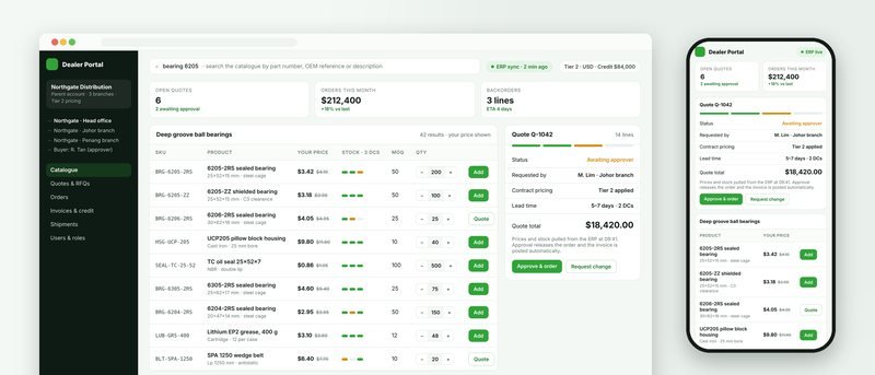 Illustration of the dealer portal: tiered pricing, live stock and a quote awaiting approval