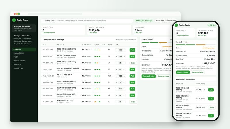 Illustration of the dealer portal: tiered pricing, live stock and a quote awaiting approval
