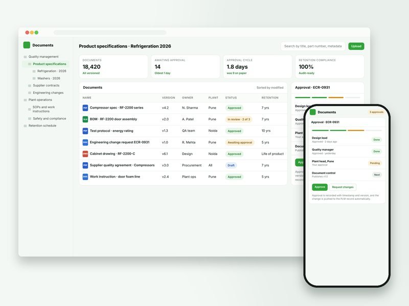 Illustration of the document library with versioning, retention and an approval workflow