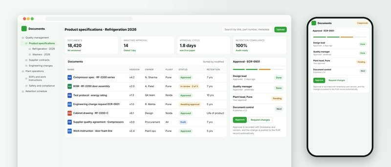 Illustration of the document library with versioning, retention and an approval workflow