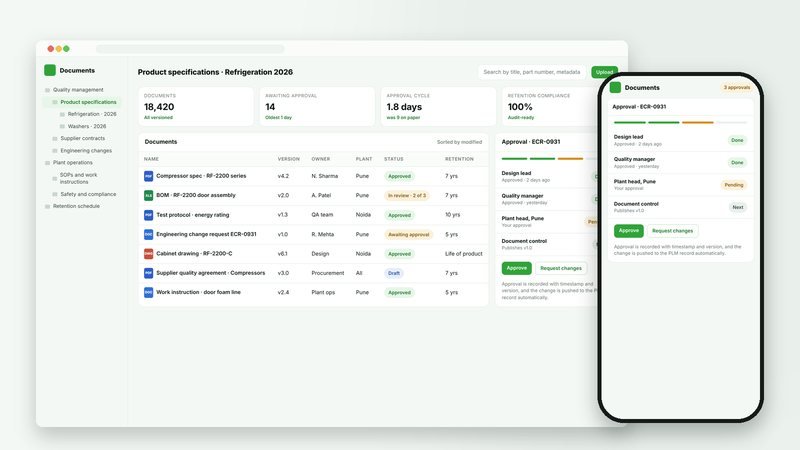 Illustration of the document library with versioning, retention and an approval workflow