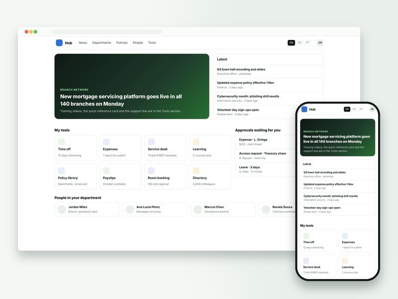 Illustration of a multilingual intranet: news, tools, approvals and people in one home page