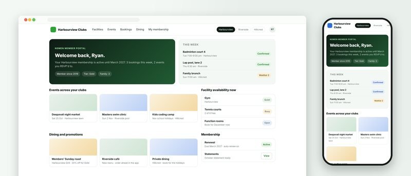 Illustration of the member portal: one account across several clubs, bookings and events in one place