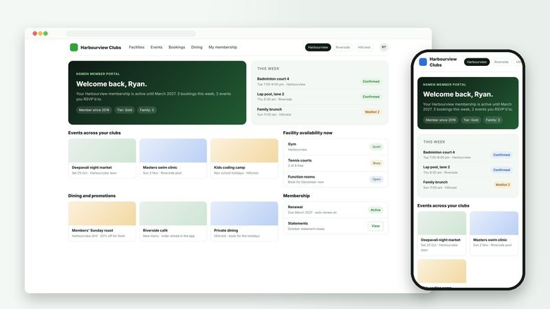 Illustration of the member portal: one account across several clubs, bookings and events in one place