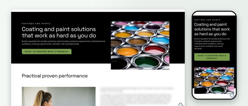 Product-category pages fed from the PIM, shown on desktop and phone without the client's branding