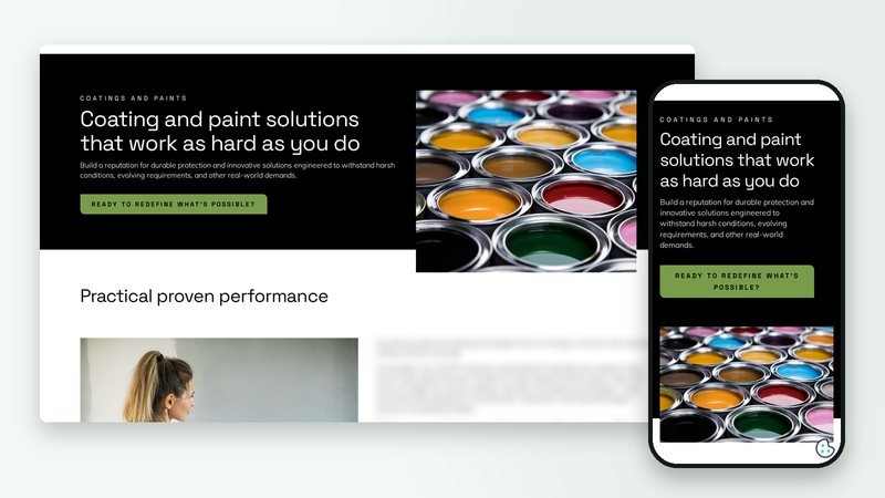 Product-category pages fed from the PIM, shown on desktop and phone without the client's branding