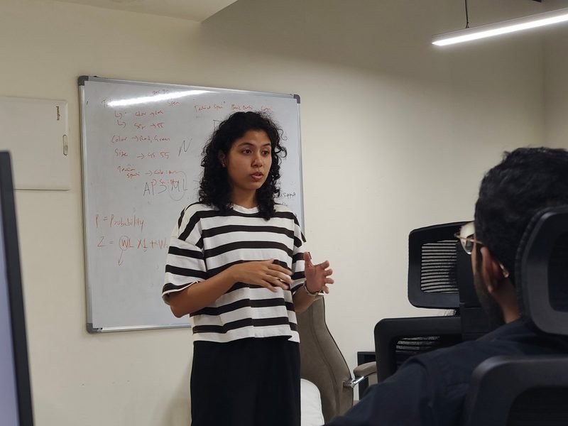 A team member leading a session on machine-learning basics at the whiteboard
