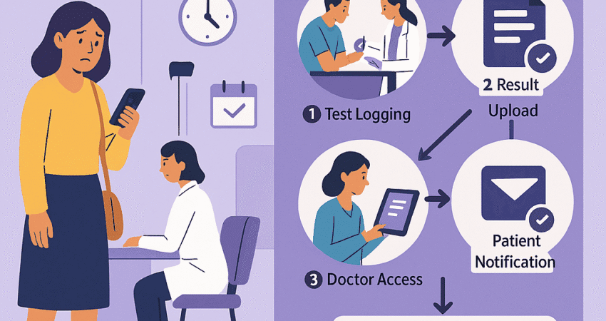 A flat-style infographic titled "Avoiding Delays in Lab Results" is split into two sections. On the left, under the label “Problem,” a concerned female patient stands with a phone, while a lab staff member sits at a desk. A clock and calendar icons suggest delays. On the right, labeled “Solution,” a step-by-step process is shown: 1. Test Logging (illustrated with a doctor and patient discussing), 2. Result Upload (with a document and checkmark icon), 3. Doctor Access (a woman reading a report), 4. Patient Notification (message icon with checkmark). At the bottom, logos for Microsoft SharePoint and Power Platform are displayed, indicating the tools used to streamline the workflow. The design uses soft purple tones and clean iconography.