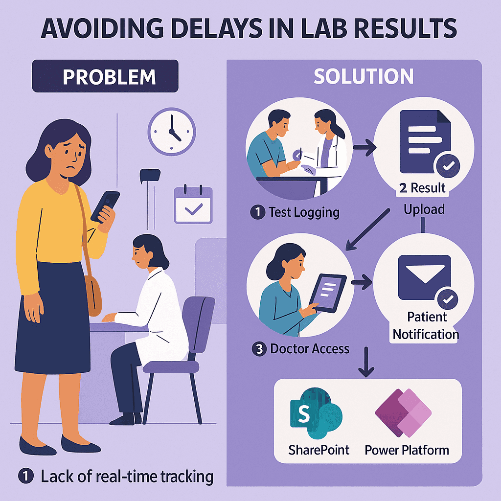A flat-style infographic titled "Avoiding Delays in Lab Results" is split into two sections. On the left, under the label “Problem,” a concerned female patient stands with a phone, while a lab staff member sits at a desk. A clock and calendar icons suggest delays. On the right, labeled “Solution,” a step-by-step process is shown: 1. Test Logging (illustrated with a doctor and patient discussing), 2. Result Upload (with a document and checkmark icon), 3. Doctor Access (a woman reading a report), 4. Patient Notification (message icon with checkmark). At the bottom, logos for Microsoft SharePoint and Power Platform are displayed, indicating the tools used to streamline the workflow. The design uses soft purple tones and clean iconography.