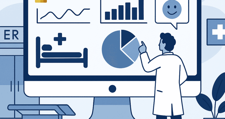 A 2D digital illustration shows a hospital administrator in a white lab coat analyzing a Power BI dashboard on a large monitor. The dashboard displays various charts, including a line graph, bar chart, pie chart, a hospital bed icon, and a smiley face for feedback. The setting includes hospital elements like an ER sign and medical cart, with a clean, minimal, blue-toned design.