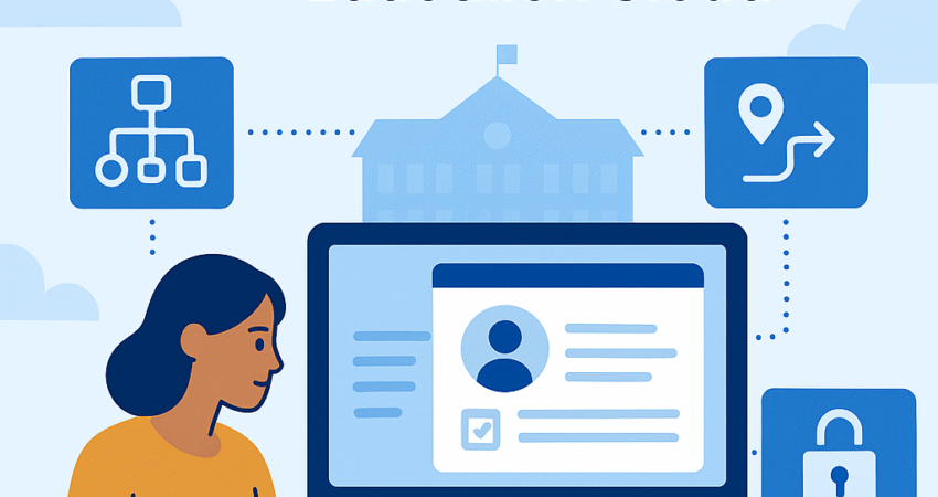 A 2D digital illustration showing a woman working on a laptop at a desk, with a large monitor displaying a student profile. Surrounding her are icons representing workflow automation, location-based routing, data security, and analytics. A school building is faintly visible in the background, with the title text above reading, “Building a Smart Admissions Infrastructure with Salesforce Education Cloud.” The design uses a clean, flat style with blue and mustard-yellow tones.