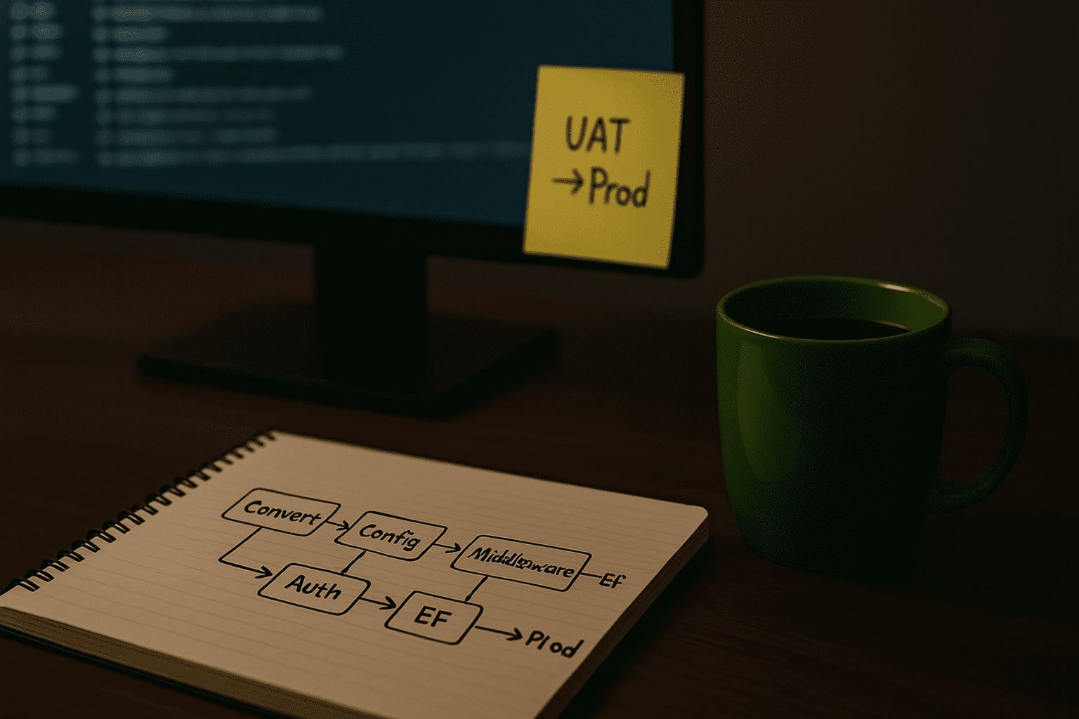 Late-night workspace showing debug logs on a monitor, a note reading ‘UAT → Prod’, a notebook diagram of the Convert→Config→Middleware→Auth→EF→Prod pipeline, and a green mug.