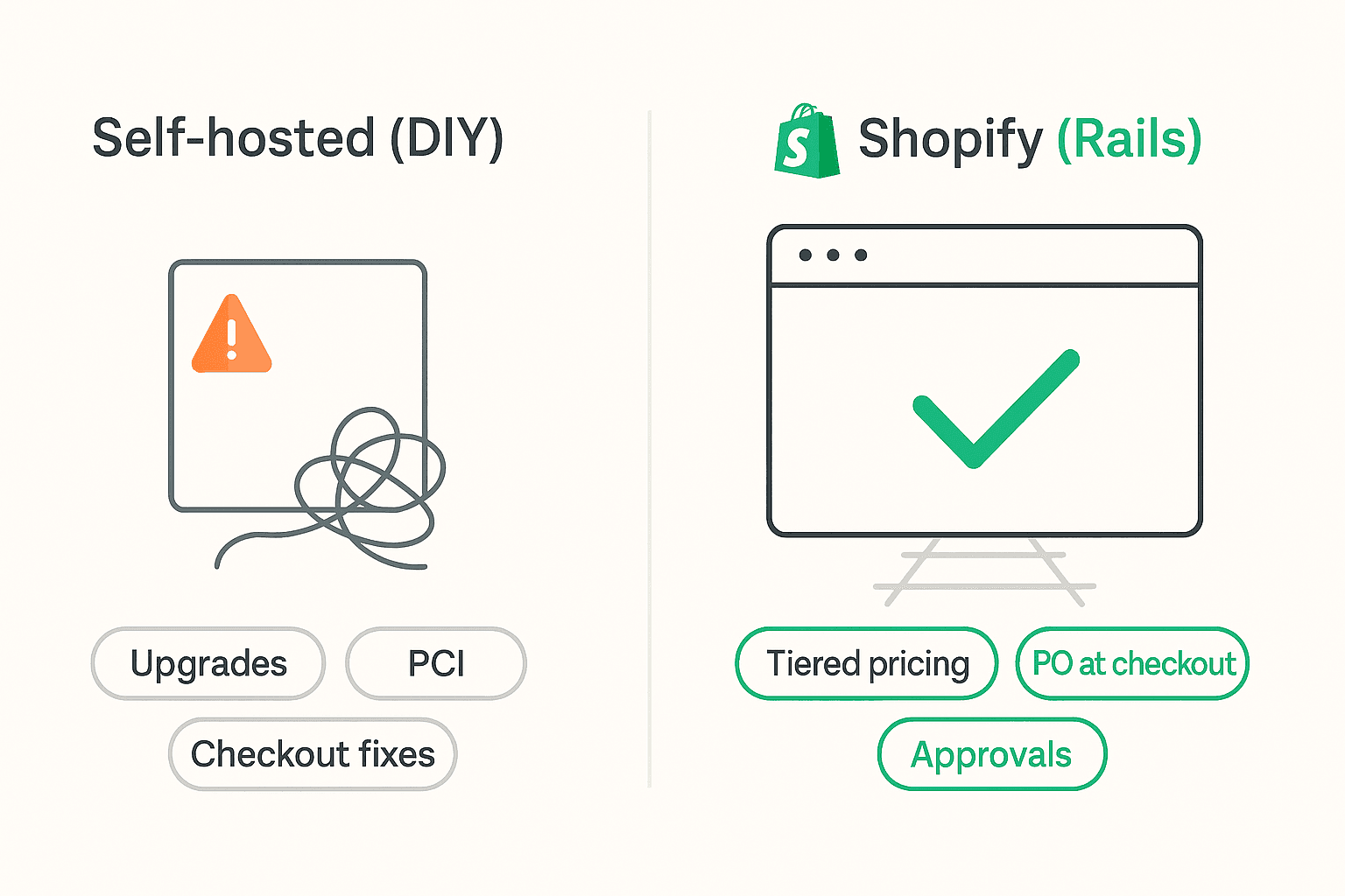 DIY platform vs Shopify: server with warning vs clean Shopify screen on rails; Tiered pricing, PO at checkout, Approvals