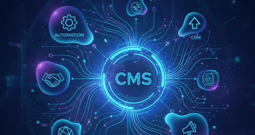 Sitefinity CMS integration concept showing connections to CRM, marketing automation, analytics, and campaign tools in a digital ecosystem.