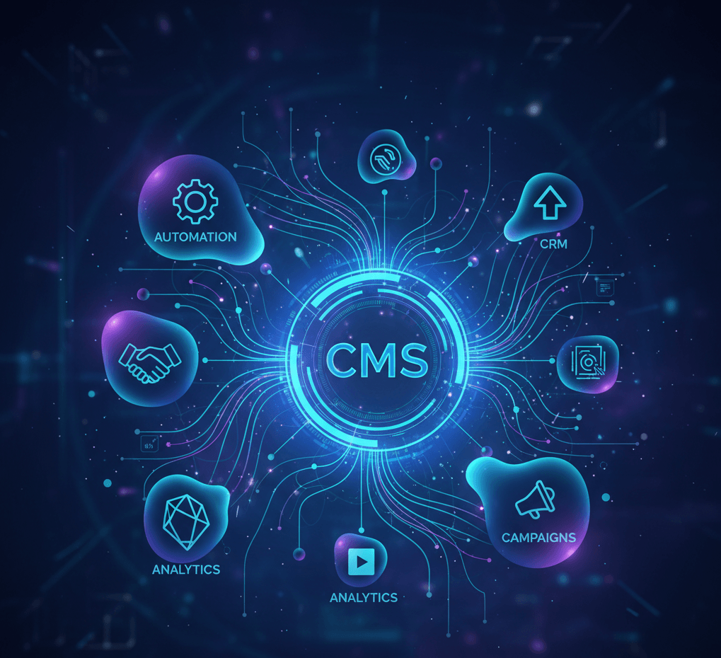 Sitefinity CMS integration concept showing connections to CRM, marketing automation, analytics, and campaign tools in a digital ecosystem.
