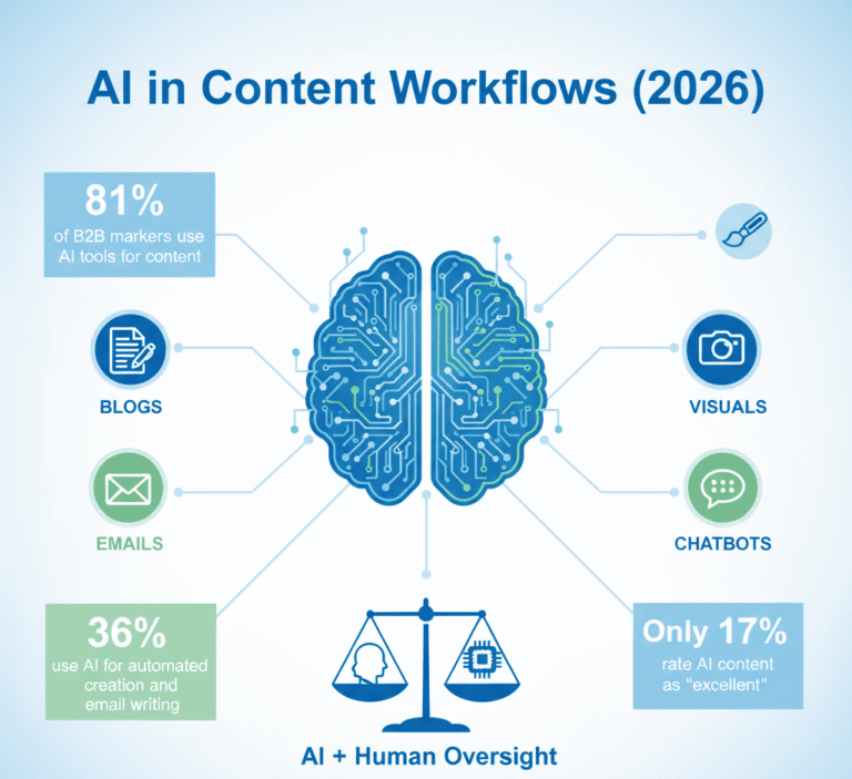 An infographic titled “AI in Content Workflows (2026).” The central image is a glowing blue and green circuit board in the shape of a brain. It is connected by lines to icons for blogs, emails, visuals, and chatbots. Key statistics are highlighted in boxes: “81% of B2B marketers use AI tools for content,” “36% use AI for automated creation and email writing,” and “Only 17% rate AI content as ‘excellent’.” Below the brain, a balance scale weighs a human head silhouette against a microchip, labeled “AI + Human Oversight.