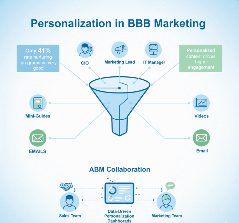 An infographic illustrating “Personalization in B2B Marketing.” It shows a marketing funnel where an AI customizes content for different personas, including a CIO, Marketing Lead, and IT Manager. Icons for mini-guides, videos, and infographics are shown being delivered to each persona. A statistic notes, “Only 41% rate nurturing programs as very good.” The lower section depicts sales and marketing collaboration for Account-Based Marketing (ABM) with connecting lines and a data-driven personalization dashboard.