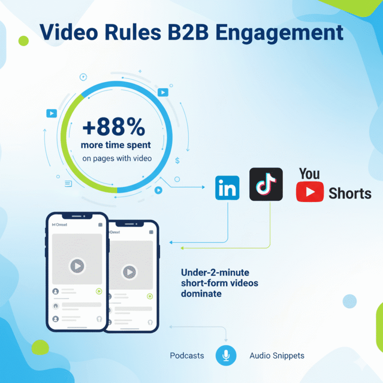 An energetic infographic titled “Video Rules B2B Engagement.” The design features vertical video frames on mobile screens, play buttons, and icons for LinkedIn, TikTok, and YouTube Shorts. A prominent statistic states, “+88% more time spent on pages with video.” The layout uses dynamic, motion-inspired shapes and also includes icons for podcasts and audio snippets to convey the dominance of under-2-minute, short-form content.