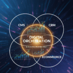 A three-part Venn diagram labeled CMS, CRM, and ECOMMERCE. The large overlapping center is brightly lit and labeled "DIGITAL ORCHESTRATION". Show revenue growth charts overlaid on the overlapping area, emphasizing measurable business impact.