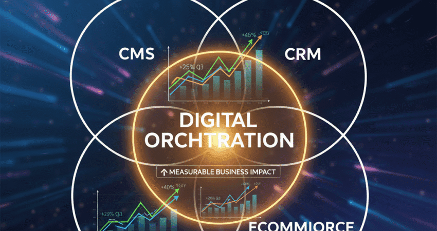 A three-part Venn diagram labeled CMS, CRM, and ECOMMERCE. The large overlapping center is brightly lit and labeled "DIGITAL ORCHESTRATION". Show revenue growth charts overlaid on the overlapping area, emphasizing measurable business impact.