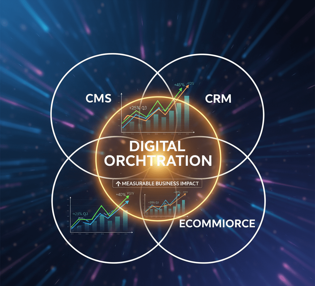 A three-part Venn diagram labeled CMS, CRM, and ECOMMERCE. The large overlapping center is brightly lit and labeled "DIGITAL ORCHESTRATION". Show revenue growth charts overlaid on the overlapping area, emphasizing measurable business impact.