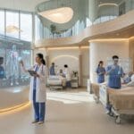 An eye-level, medium shot captures a futuristic hospital ward with several diverse medical professionals and patients. In the foreground, a female doctor interacts with a large holographic display showing a human body model and medical data, while another professional uses a transparent tablet near a patient bed. A robotic arm is positioned by a patient's bedside in the background. The architecture features curved wood and glass, with soft, ambient lighting and large windows. A screen on the wall reads "PRECISION MEDICINE & INNOVATION - 2025." The atmosphere is bright, clean, and technologically advanced, with multiple staff members collaborating.