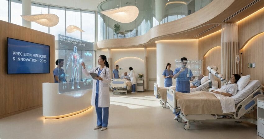 An eye-level, medium shot captures a futuristic hospital ward with several diverse medical professionals and patients. In the foreground, a female doctor interacts with a large holographic display showing a human body model and medical data, while another professional uses a transparent tablet near a patient bed. A robotic arm is positioned by a patient's bedside in the background. The architecture features curved wood and glass, with soft, ambient lighting and large windows. A screen on the wall reads "PRECISION MEDICINE & INNOVATION - 2025." The atmosphere is bright, clean, and technologically advanced, with multiple staff members collaborating.