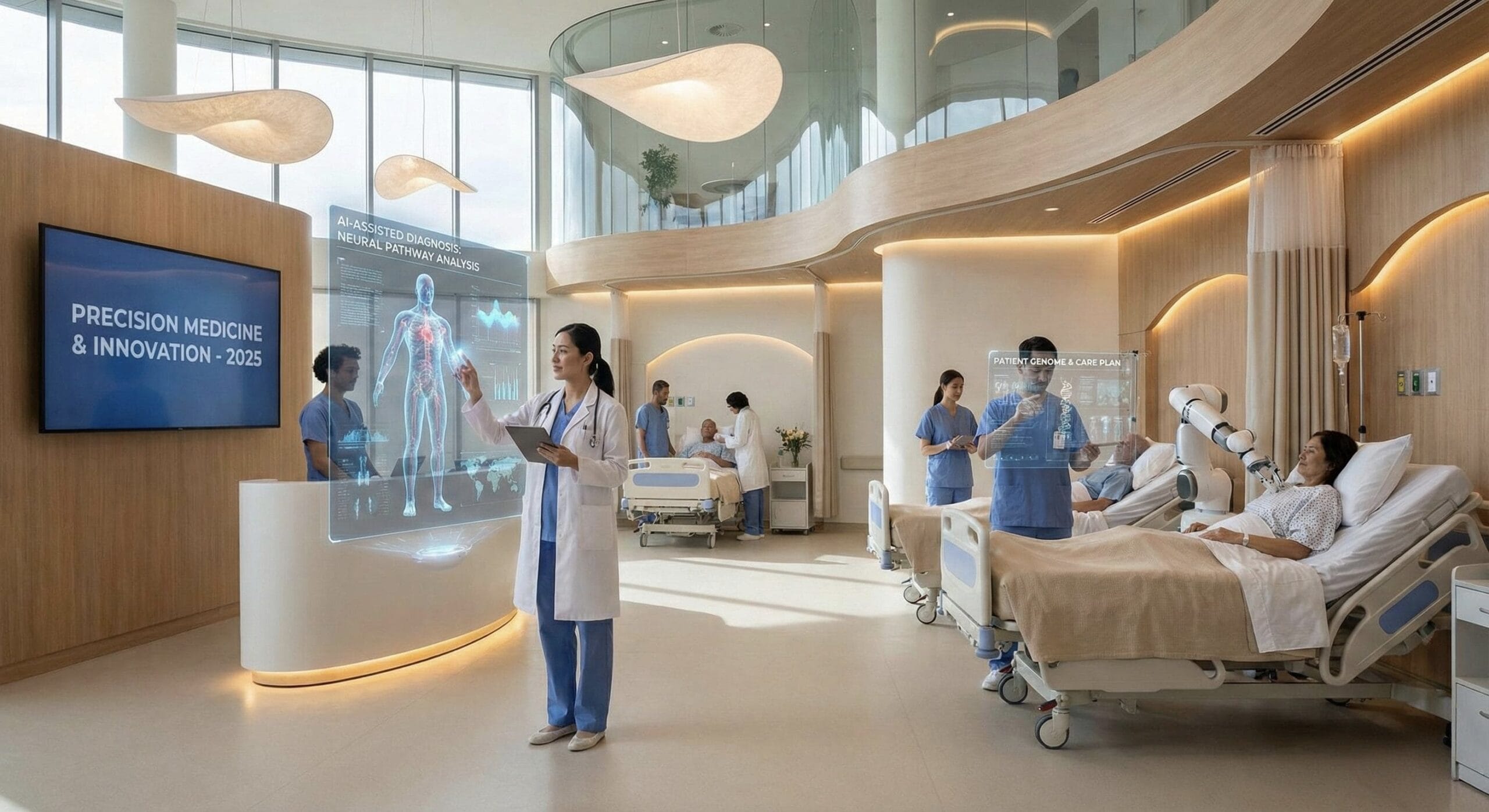 An eye-level, medium shot captures a futuristic hospital ward with several diverse medical professionals and patients. In the foreground, a female doctor interacts with a large holographic display showing a human body model and medical data, while another professional uses a transparent tablet near a patient bed. A robotic arm is positioned by a patient's bedside in the background. The architecture features curved wood and glass, with soft, ambient lighting and large windows. A screen on the wall reads "PRECISION MEDICINE & INNOVATION - 2025." The atmosphere is bright, clean, and technologically advanced, with multiple staff members collaborating.