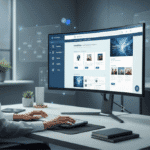 modern enterprise marketing workspace showing a marketer confidently building a website using a drag-and-drop page builder on a computer screen. The interface should display widgets, content blocks, and a WYSIWYG preview of a landing page. In the background, subtle visuals of automation workflows or approval notifications symbolize workflow automation. The style should be clean, futuristic, and professional — with a corporate tech aesthetic, soft gradients, and brand-neutral blues and whites. Lighting should convey empowerment and efficiency.