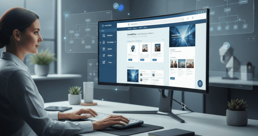 modern enterprise marketing workspace showing a marketer confidently building a website using a drag-and-drop page builder on a computer screen. The interface should display widgets, content blocks, and a WYSIWYG preview of a landing page. In the background, subtle visuals of automation workflows or approval notifications symbolize workflow automation. The style should be clean, futuristic, and professional — with a corporate tech aesthetic, soft gradients, and brand-neutral blues and whites. Lighting should convey empowerment and efficiency.