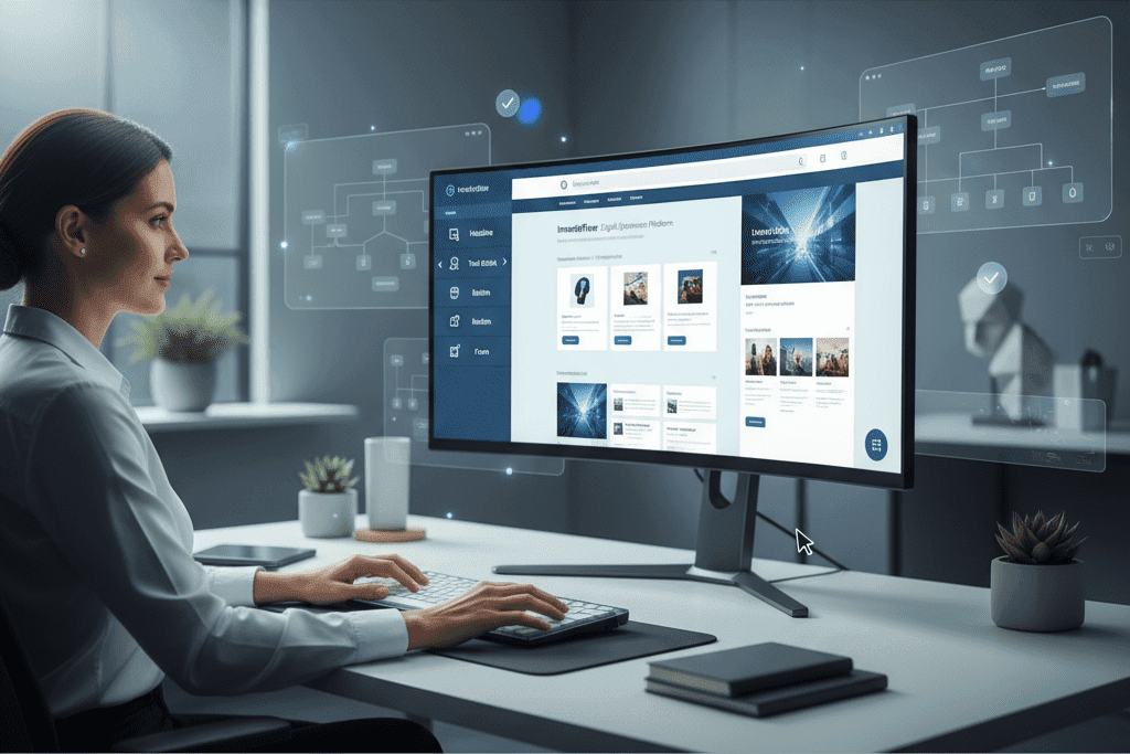 modern enterprise marketing workspace showing a marketer confidently building a website using a drag-and-drop page builder on a computer screen. The interface should display widgets, content blocks, and a WYSIWYG preview of a landing page. In the background, subtle visuals of automation workflows or approval notifications symbolize workflow automation. The style should be clean, futuristic, and professional — with a corporate tech aesthetic, soft gradients, and brand-neutral blues and whites. Lighting should convey empowerment and efficiency.